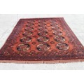 A SUPERB VINTAGE PERSIAN "AFGHAN" CARPET (3.4m x 2.4m) WITH A TRADITIONAL BOKHARA PATTERN & COLOURS