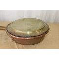 AN AUTHENTIC ANTIQUE VICTORIAN FULL SIZE COPPER & BRASS "COAL" BED WARMER WITH A MAHOGANY HANDLE!!