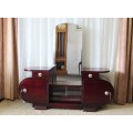 A SUPERB VINTAGE ART DECO BENT-WOOD DOUBLE CABINET DRESSING TABLE WITH TWO DRAWERS
