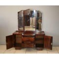 A MAGNIFICENT SOLID IMBUIA TRI-FOLDING MIRROR DRESSING TABLE WITH CUPBOARDS & DRAWERS