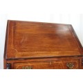 A SUPERB ANTIQUE SOLID TEAK "PAD-FOOT" FLIP-TOP WRITING DESK WITH THREE DRAWERS & INLAY DETAILING