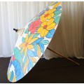 A LOVELY X-LARGE ORIENTAL BAMBOO UMBRELLA WITH HAND PAINTED CANVAS IN AWESOME CONDITION
