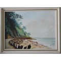 AN AWESOME FRAMED AND SIGNED ORIGINAL OIL ON BOARD LANDSCAPE "LAKESIDE" PAINTING