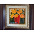 A BEAUTIFULLY FRAMED ORIGINAL SIGNED LYNETTE BARNARD OIL PAINTING WITH BOLD STRIKING COLOURS