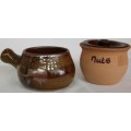 AN AWESOME VINTAGE BROWN STONEWARE GRAVY BOWL & NUTS JAR SET IN WONDERFUL CONDITION!!!