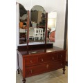 A magnificent solid teak tri-folding mirror dressing table w/ four drawers & marquetry detail