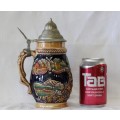 An incredible vintage West-German stoneware (lidded) Stein w/ traditional hand glazed detailing RS17