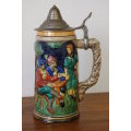 A lovely vintage German made stoneware (lidded) Stein w/ traditional hand glazed detailing