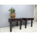 Two superb (larger) dark oak square side tables with eye-catching metalwork detailing - Bid/table