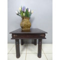 Two superb (larger) dark oak square side tables with eye-catching metalwork detailing - Bid/table