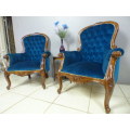 2 gorgeous Victorian arm chairs with deep button detailing & stunning, vibrant blue fabric