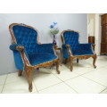2 gorgeous Victorian arm chairs with deep button detailing & stunning, vibrant blue fabric