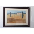 Very beautiful (large) print of hilltops & trees in a wonderful frame behind glass
