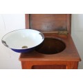A stunning antique oak gentleman's wash stand with cupboard & a shelf and its original enamel bowl