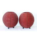 Two exquisite red beaded candle holders on a solid metal frame and metal feet; bid/holder