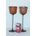 Two stunning tall stemmed beaded candle holders in awesome condition; bid/holder