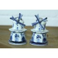 An exquisite Dutch made Delft hand painted blue & white porcelain windmill salt & pepper cellar set