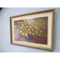 A beautiful large signed and framed "F Thompson" oil painting of yellow flowers. Gorgeous! RS17Sale