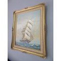 A beautiful large signed "Bailto" oil painting of a sailing ship in a superb antique gold gilt frame