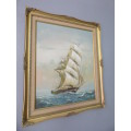 A beautiful large signed "Bailto" oil painting of a sailing ship in a superb antique gold gilt frame
