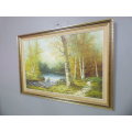 A beautiful signed and framed "autumn forest" landscape oil painting in very good condition.