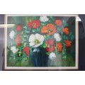 An exquisite large original signed Pieter Millard oil painting of flowers in a frame behind glass