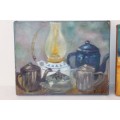 Two lovely and colourful oil paintings on canvas of kitchen scenes - bid/painting RS17
