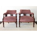 Two wonderful antique Edwardian upholstered library armchairs on their original porcelain castors