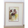 A beautifully painted framed original signed watercolour painting of a vase of Cosmos RS17