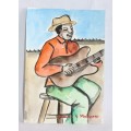 An incredible original signed unframed "Lucas V. Mahome" watercolour painting of a guitar player
