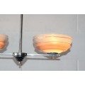 An exquisite Art Deco chrome plated ceiling lamp with stunning pink glass shades in great condition