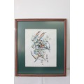 A wonderful print of hummingbirds in a stunning frame behind glass in excellent condition