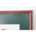 A wonderful print of hummingbirds in a stunning frame behind glass in excellent condition
