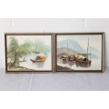 Two incredible framed oil on board paintings by C.C. Cheung of boats on the water - bid/painting