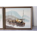 Two incredible framed oil on board paintings by C.C. Cheung of boats on the water - bid/painting