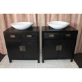 Two stunning ebony stained wooden vanity stands with basins and ample packing space - bid/stand