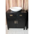 Two stunning ebony stained wooden vanity stands with basins and ample packing space - bid/stand