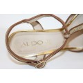 A fabulous pair of tan & gold Aldo ladies t-strap peep-toe platform Stiletto shoes