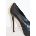 A stylish & elegant pair of black Aldo "snake-skin print" open-toe stiletto platform pumps