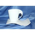 An awesome and stylish "modern" set of white porcelain coffee mugs on saucers - Unusual design