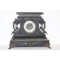 Exquisite French 19th century Black Marble revival mechanical mantle clock w bronze embellishments