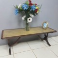 An exquisite vintage "Duncan Phyfe" inspired mahogany leather inlay top Lyre-harp leg coffee table