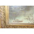 A magnificent large antique solid wooden gold gilded painting frame w/ an original R Wehner painting