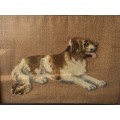 Beautifully framed antique fireplace screen with an embroidered dog on the front