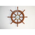 An incredible solid teak ships wheel with a brass & bevelled glass "Ship's Time" quartz clock RS17CL