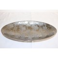An lovely silver coloured porcelain tray/ cake plate with ornate detailing on it