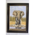 A wonderful framed and signed oil on board painting of a magnificent elephant - stunning art!
