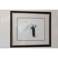 A lovely framed (behind glass) oriental print of a traveler figure - great on a larger wall