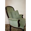 A gorgeous vintage solid Imbuia Queen Anne occasional arm chair in a stylish light green velvet