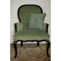 A gorgeous vintage solid Imbuia Queen Anne occasional arm chair in a stylish light green velvet